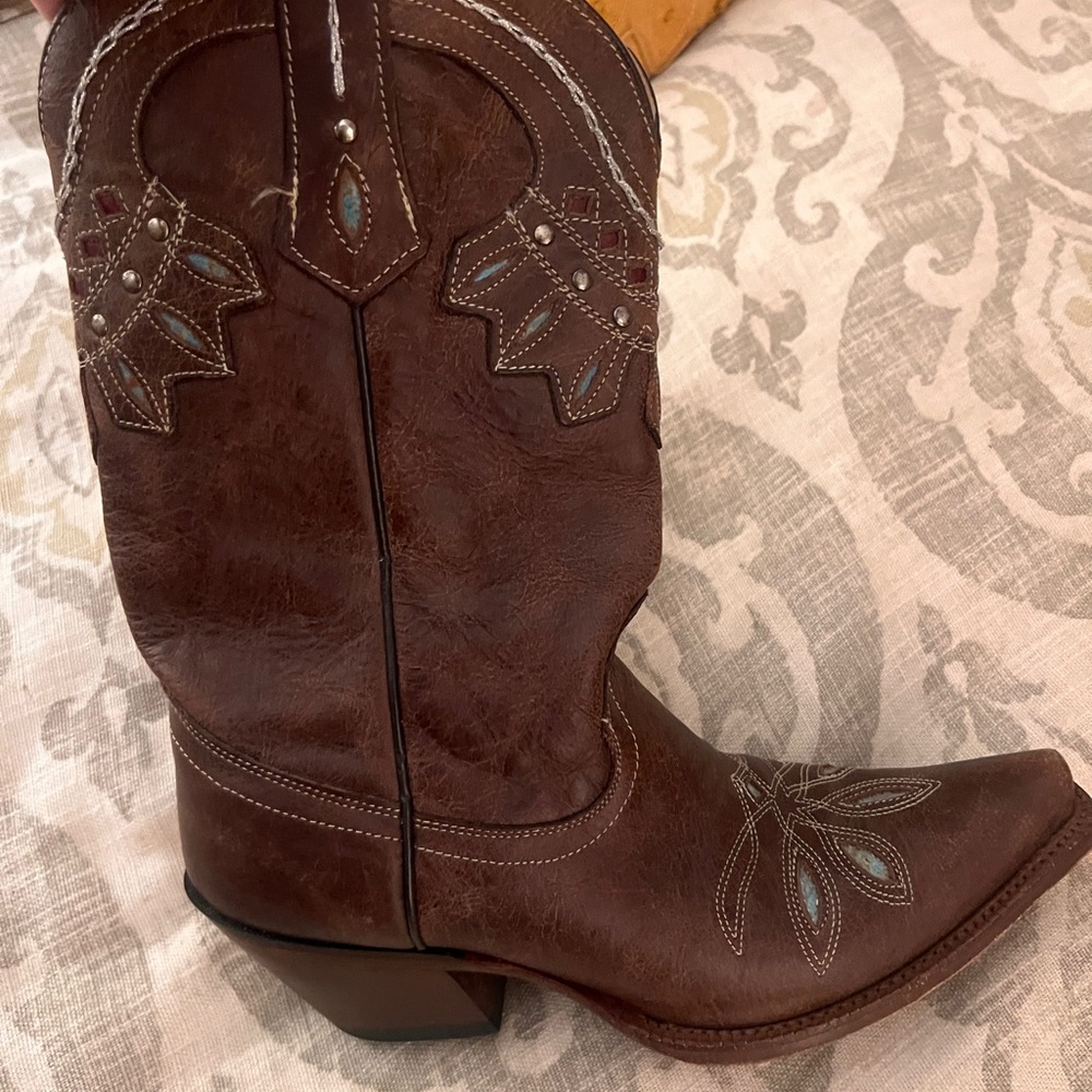 Tony Lama Brown Heeled Boots with Blue Accents